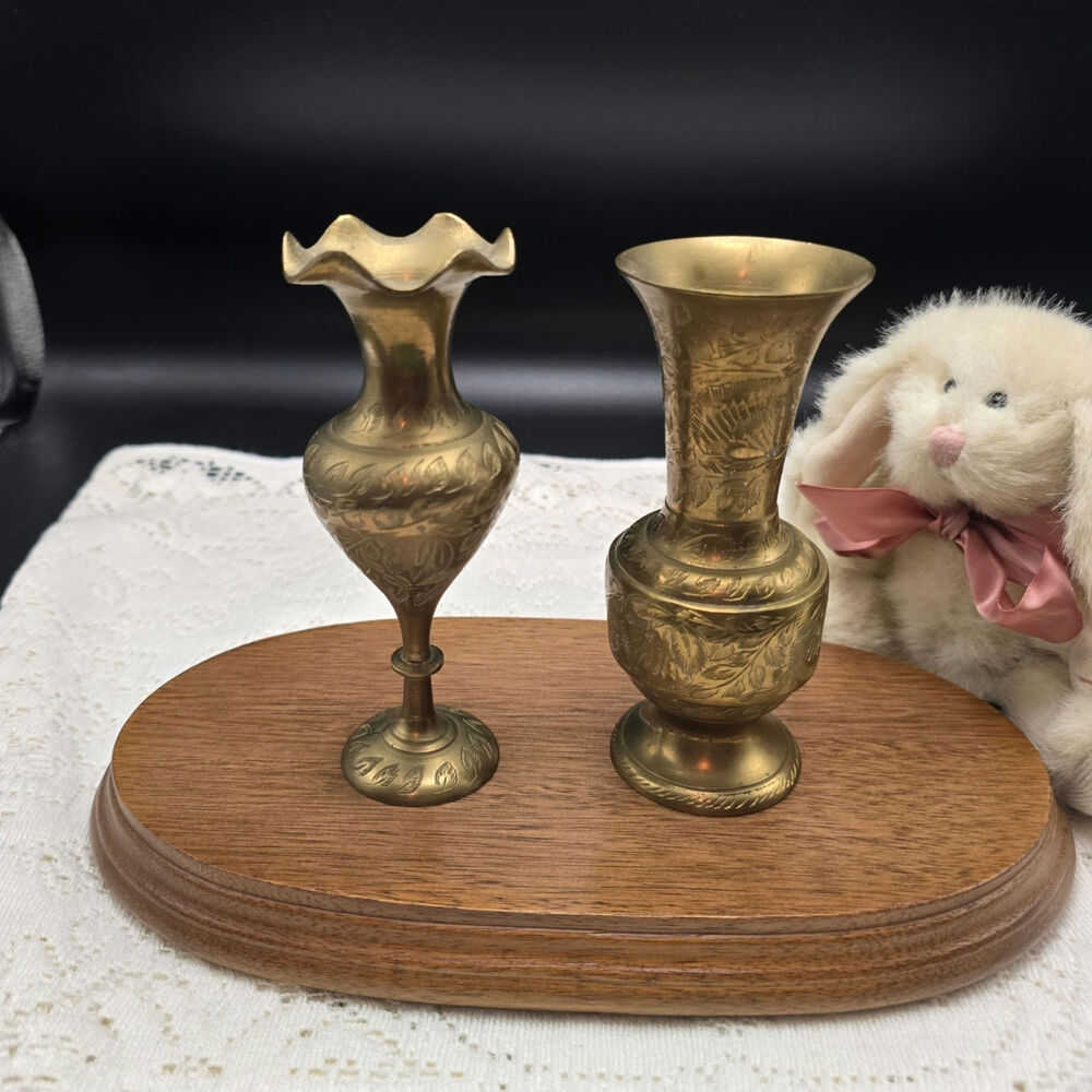 Vintage India etched Brass mini vases set of 2